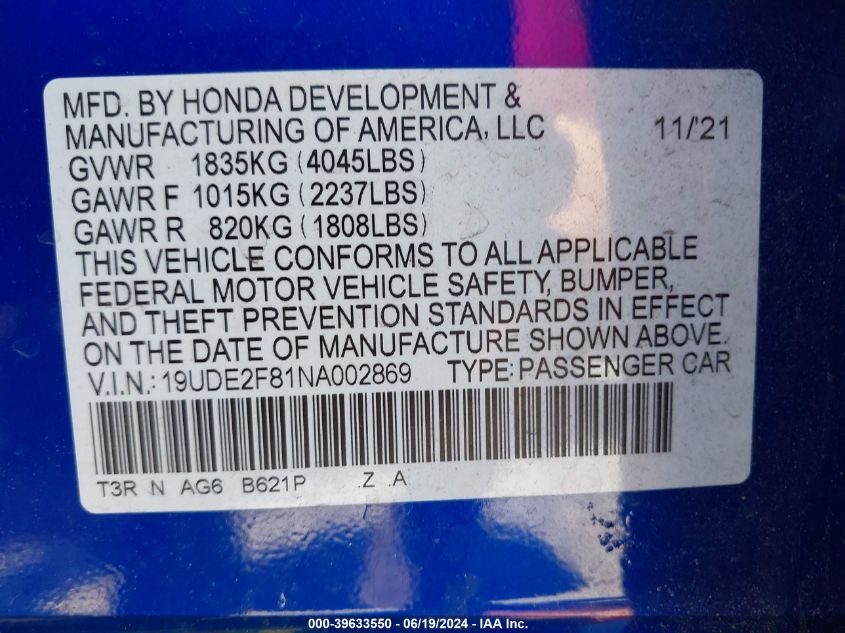 2022 Acura Ilx Premium A-Spec Packages/Technology A-Spec Packages VIN: 19UDE2F81NA002869 Lot: 39633550