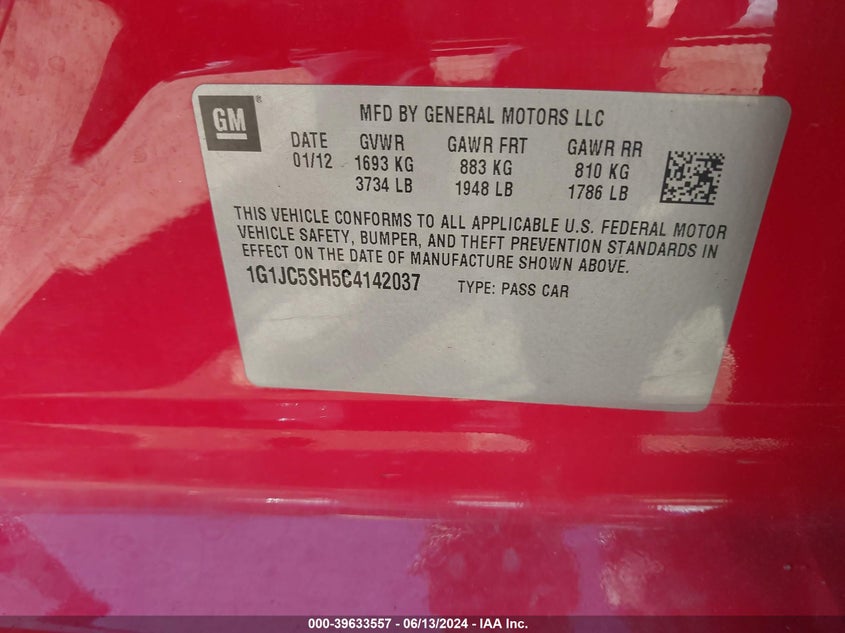 2012 Chevrolet Sonic 2Lt VIN: 1G1JC5SH5C4142037 Lot: 39633557
