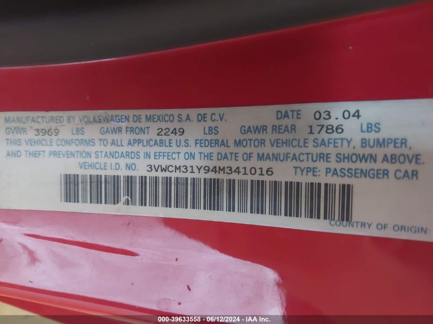 2004 Volkswagen New Beetle Gls VIN: 3VWCM31Y94M341016 Lot: 39633558
