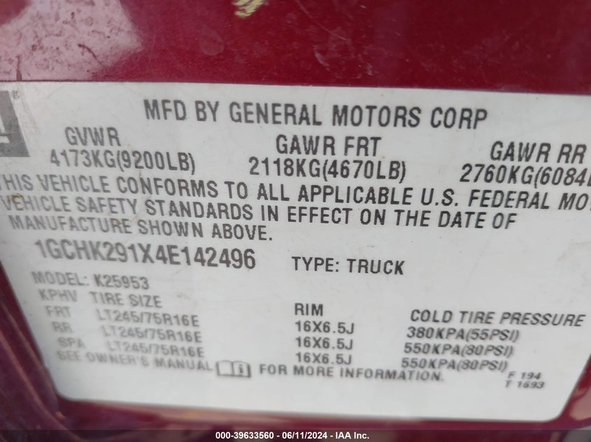 2004 Chevrolet Silverado 2500Hd Ls VIN: 1GCHK291X4E142496 Lot: 39633560