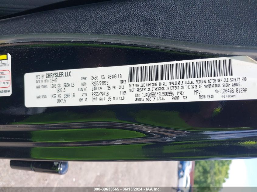 2008 Jeep Wrangler Unlimited Sahara VIN: 1J4GA59148L566994 Lot: 39633565