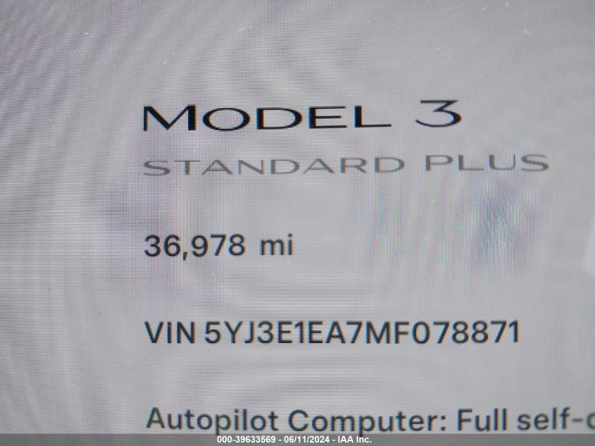 2021 Tesla Model 3 Standard Range Plus Rear-Wheel Drive VIN: 5YJ3E1EA7MF078871 Lot: 39633569