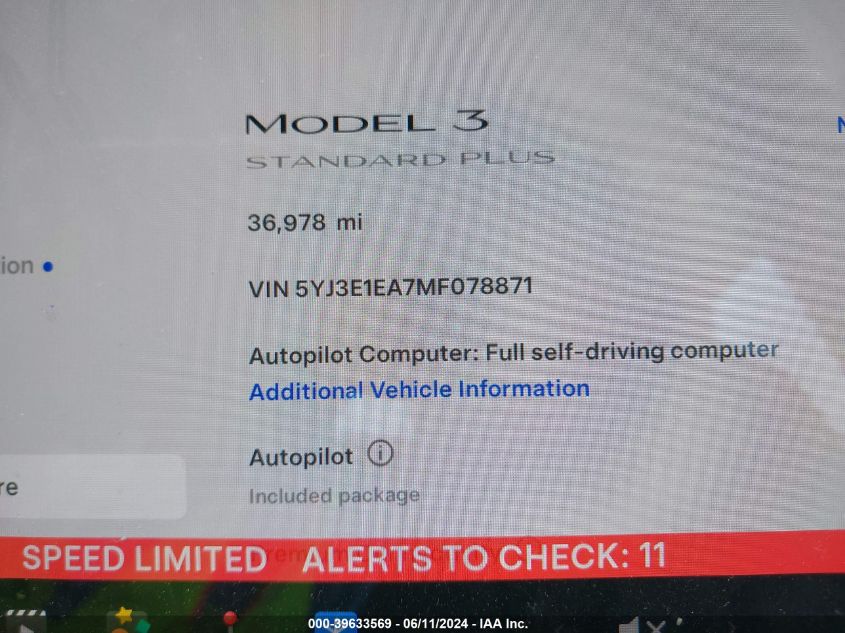 2021 Tesla Model 3 Standard Range Plus Rear-Wheel Drive VIN: 5YJ3E1EA7MF078871 Lot: 39633569