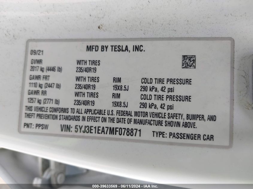 2021 Tesla Model 3 Standard Range Plus Rear-Wheel Drive VIN: 5YJ3E1EA7MF078871 Lot: 39633569