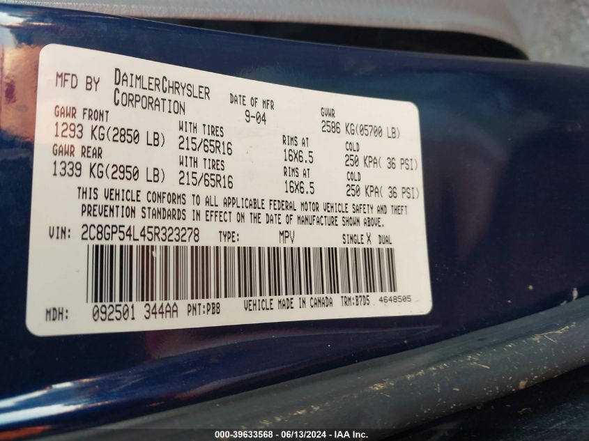 2005 Chrysler Town & Country Touring VIN: 2C8GP54L45R323278 Lot: 39633568