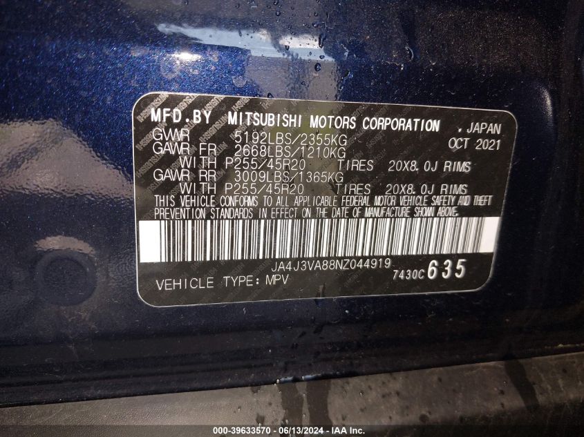 2022 Mitsubishi Outlander Sel 2.5 2Wd/Sel Special Edition 2Wd VIN: JA4J3VA88NZ044919 Lot: 39633570