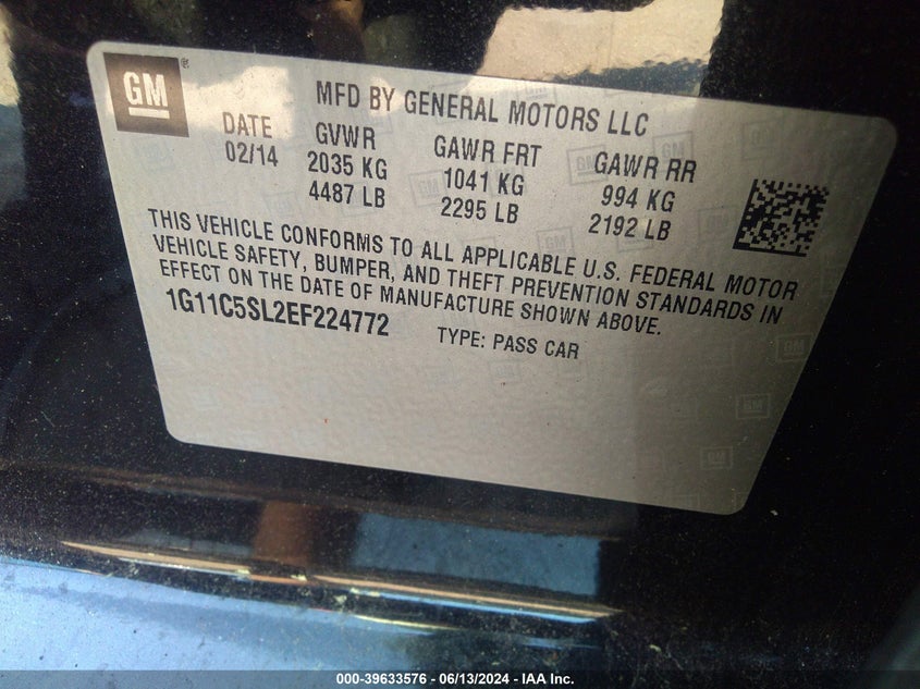 2014 Chevrolet Malibu 1Lt VIN: 1G11C5SL2EF224772 Lot: 39633576