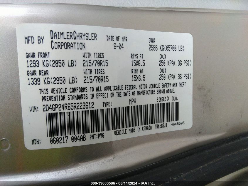 2005 Dodge Grand Caravan Se VIN: 2D4GP24R65R223612 Lot: 39633586