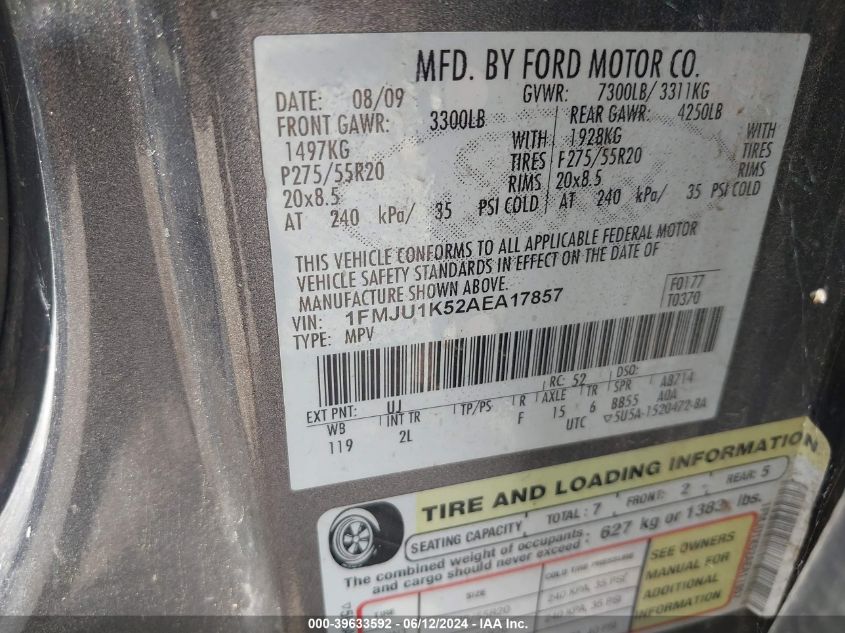 2010 Ford Expedition Limited VIN: 1FMJU1K52AEA17857 Lot: 39633592