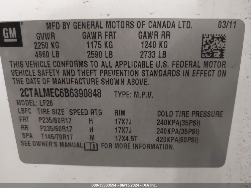 2011 GMC Terrain Sle-1 VIN: 2CTALMEC6B6390848 Lot: 39633594