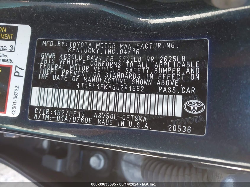 2016 Toyota Camry Se VIN: 4T1BF1FK4GU241662 Lot: 39633595