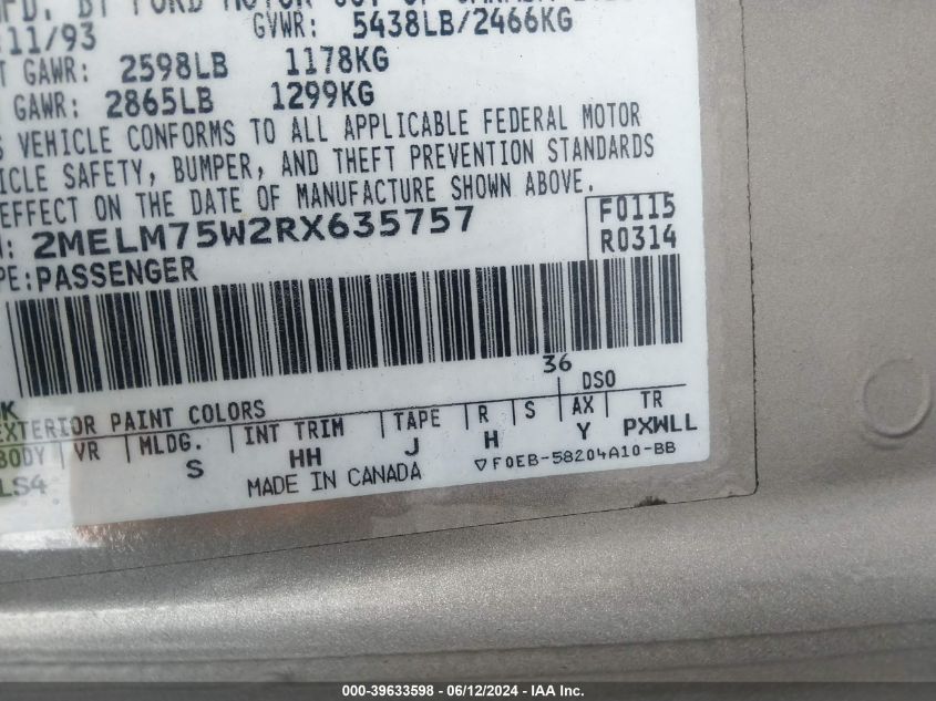 1994 Mercury Grand Marquis Ls VIN: 2MELM75W2RX635757 Lot: 39633598