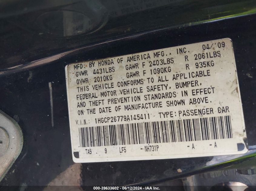 2009 Honda Accord 2.4 Ex VIN: 1HGCP26779A145411 Lot: 39633602
