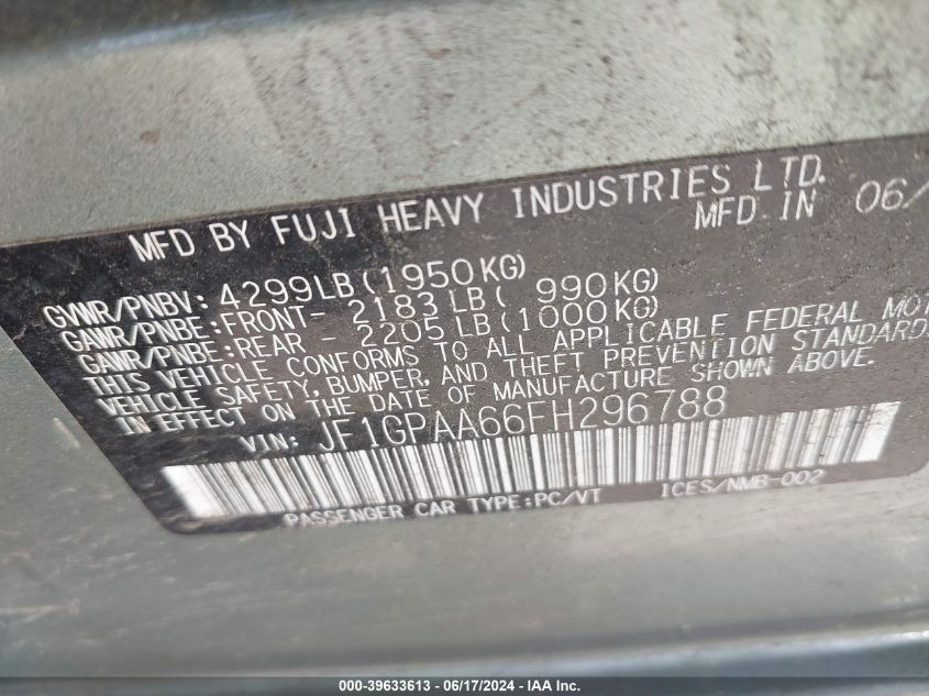 2015 Subaru Impreza 2.0I VIN: JF1GPAA66FH296788 Lot: 39633613