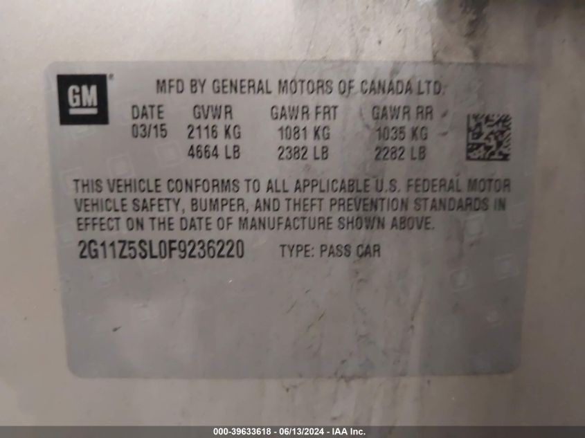 2015 Chevrolet Impala Ls VIN: 2G11Z5SL0F9236220 Lot: 39633618