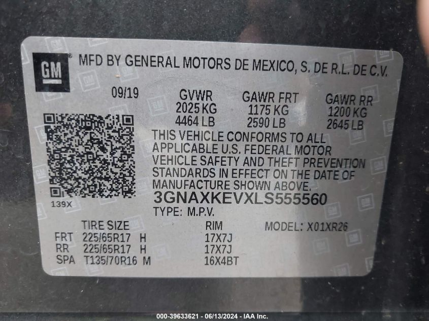 2020 Chevrolet Equinox Fwd Lt 1.5L Turbo VIN: 3GNAXKEVXLS555560 Lot: 39633621