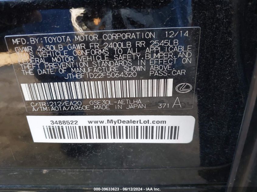 2015 Lexus Is 250 VIN: JTHBF1D22F5064320 Lot: 39633623