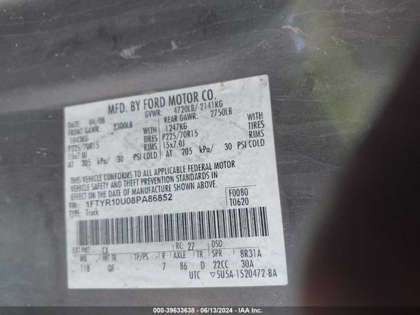 2008 Ford Ranger Sport/Xl/Xlt VIN: 1FTYR10U08PA86852 Lot: 39633638