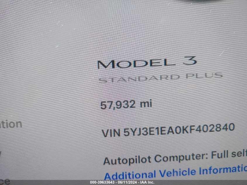 2019 Tesla Model 3 Long Range/Mid Range/Standard Range/Standard Range Plus VIN: 5YJ3E1EA0KF402840 Lot: 39633643