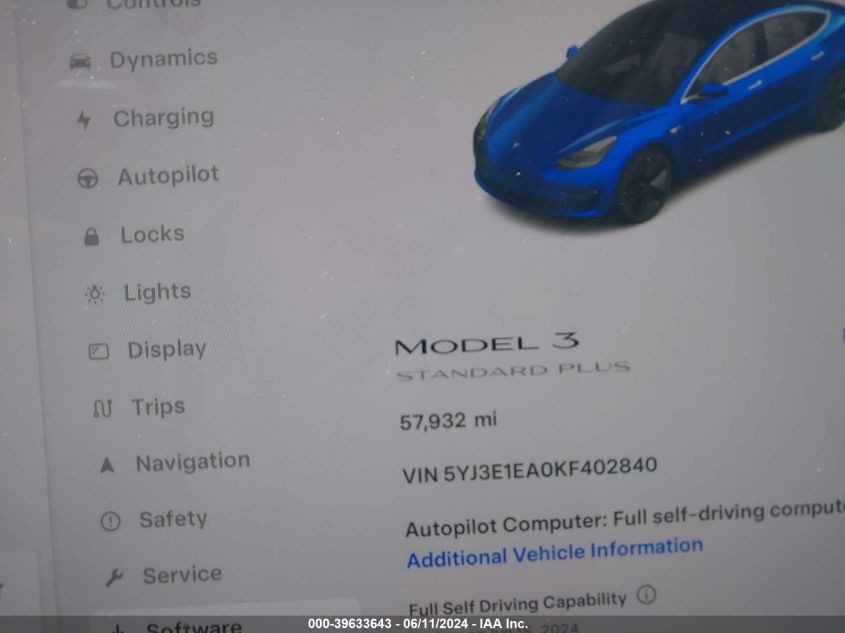 2019 Tesla Model 3 Long Range/Mid Range/Standard Range/Standard Range Plus VIN: 5YJ3E1EA0KF402840 Lot: 39633643