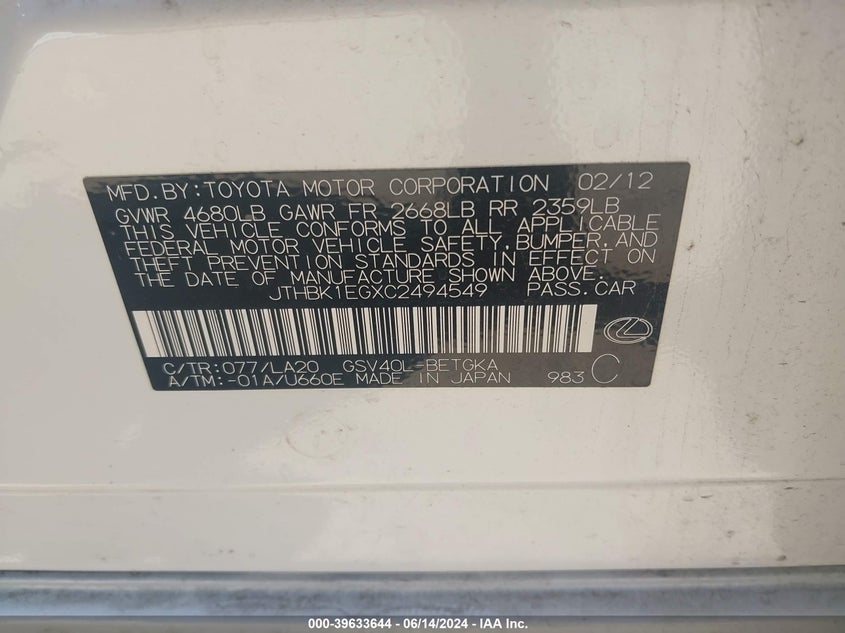 2012 Lexus Es 350 VIN: JTHBK1EGXC2494549 Lot: 39633644