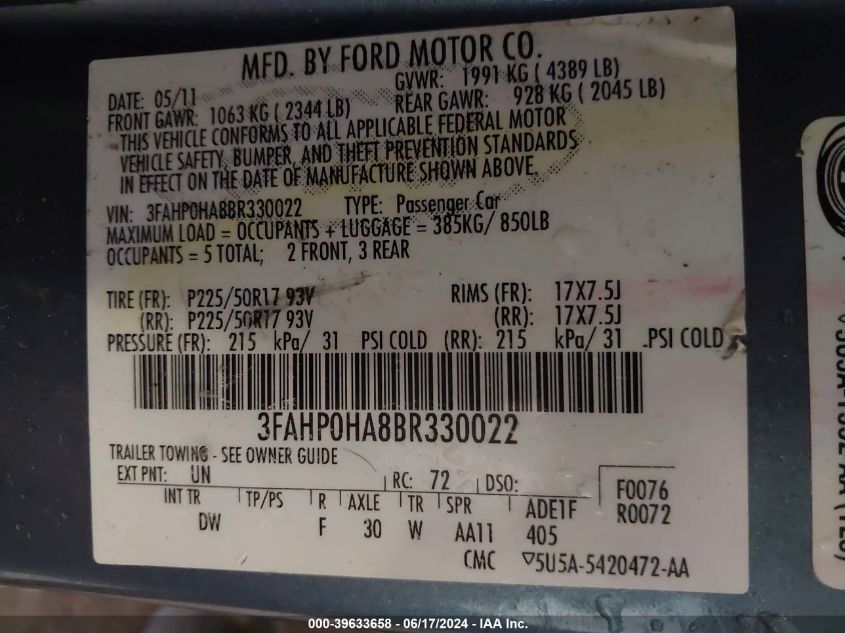 2011 Ford Fusion Se VIN: 3FAHP0HA8BR330022 Lot: 39633658