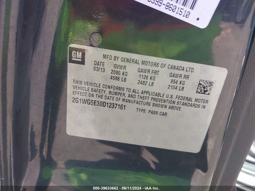 2013 Chevrolet Impala Lt VIN: 2G1WG5E30D1237161 Lot: 39633662