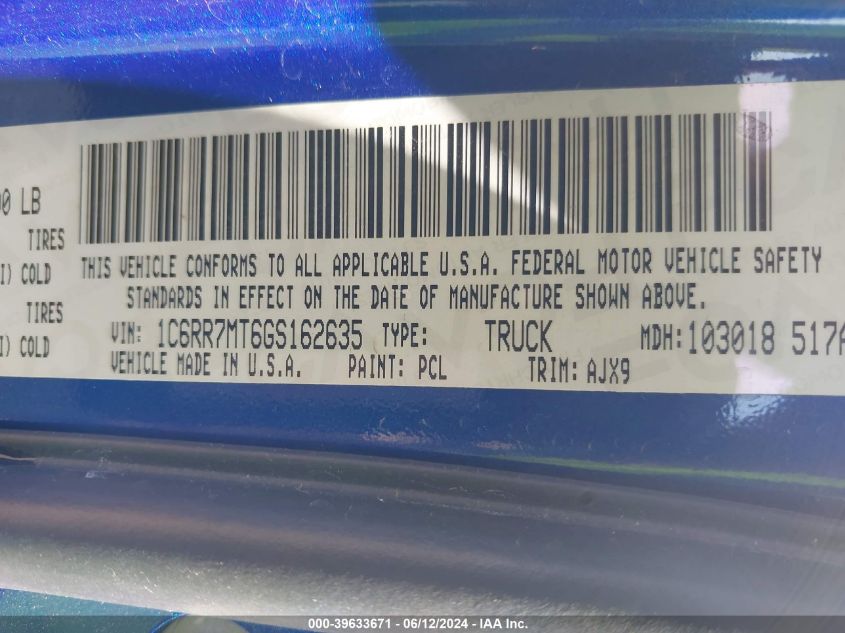 2016 Ram 1500 Sport VIN: 1C6RR7MT6GS162635 Lot: 39633671
