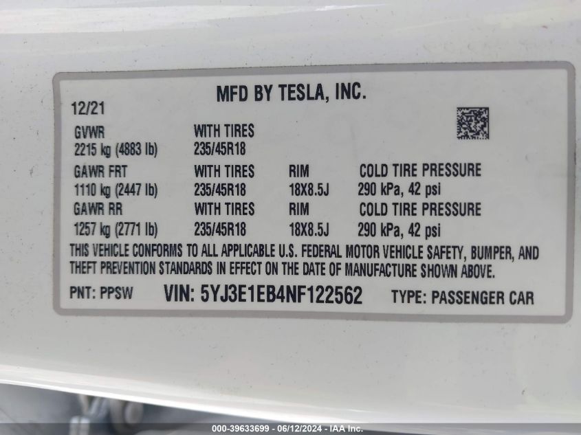 2022 Tesla Model 3 Long Range Dual Motor All-Wheel Drive VIN: 5YJ3E1EB4NF122562 Lot: 39633699