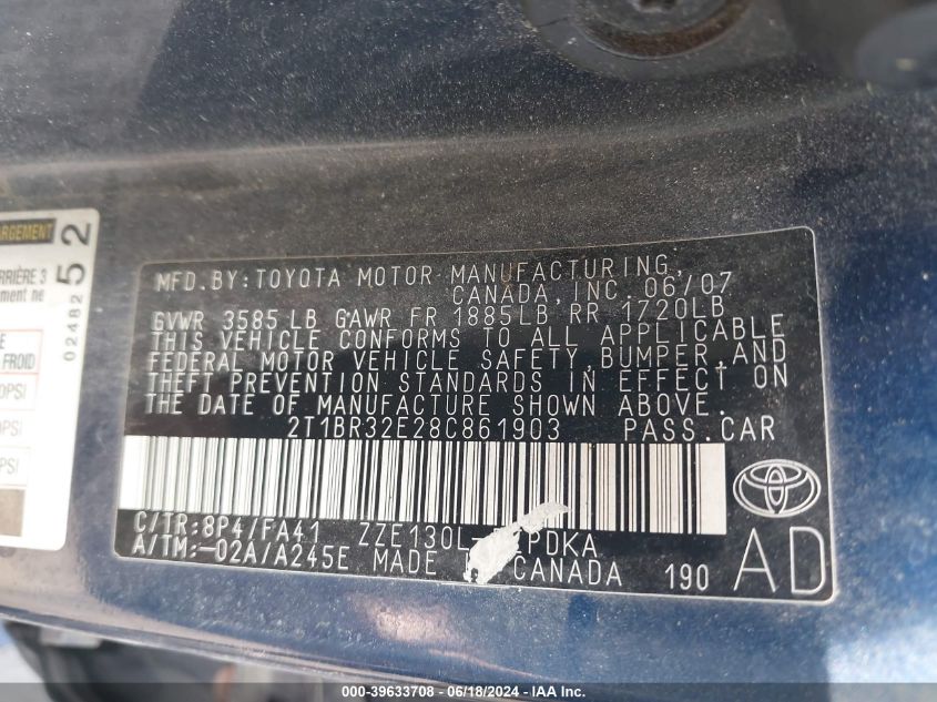 2008 Toyota Corolla Ce VIN: 2T1BR32E28C861903 Lot: 39633708