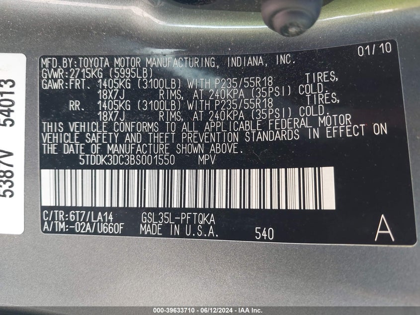 2011 Toyota Sienna Limited VIN: 5TDDK3DC3BS001550 Lot: 39633710