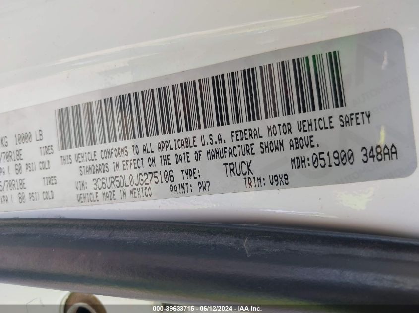 2018 Ram 2500 Slt 4X4 6'4 Box VIN: 3C6UR5DL0JG275106 Lot: 39633715