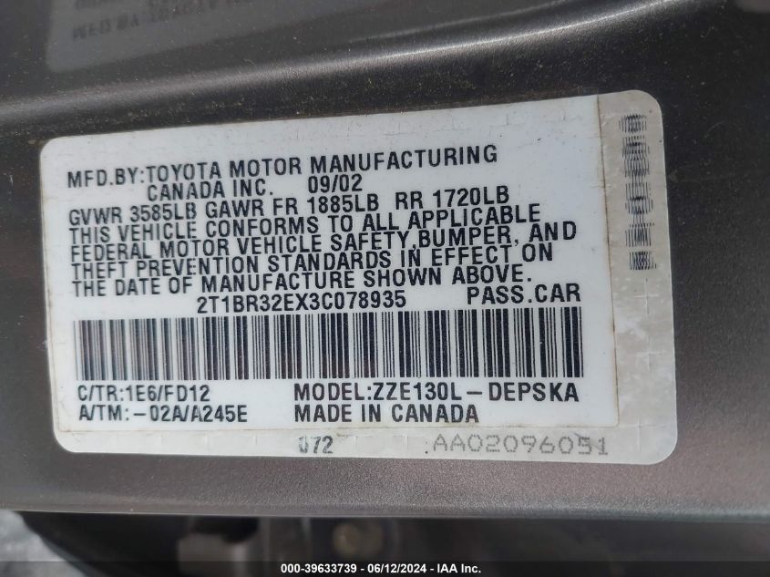 2003 Toyota Corolla S VIN: 2T1BR32EX3C078935 Lot: 39633739