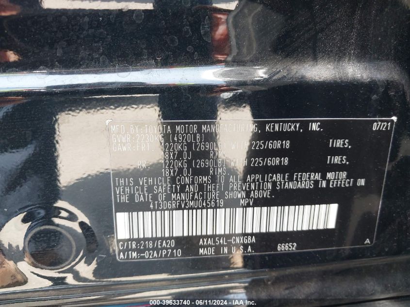 2021 Toyota Rav4 Hybrid Limited VIN: 4T3D6RFV3MU045619 Lot: 39633740