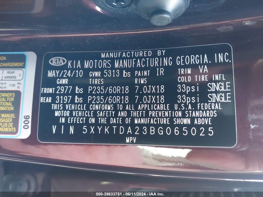2011 Kia Sorento Lx V6 VIN: 5XYKTDA23BG065025 Lot: 39633751
