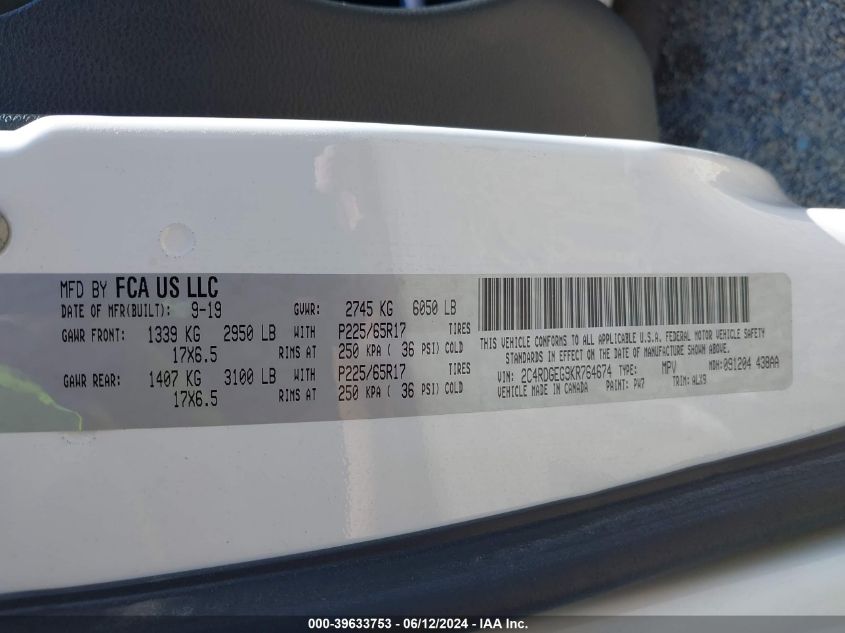 2019 Dodge Grand Caravan Gt VIN: 2C4RDGEG9KR764674 Lot: 39633753