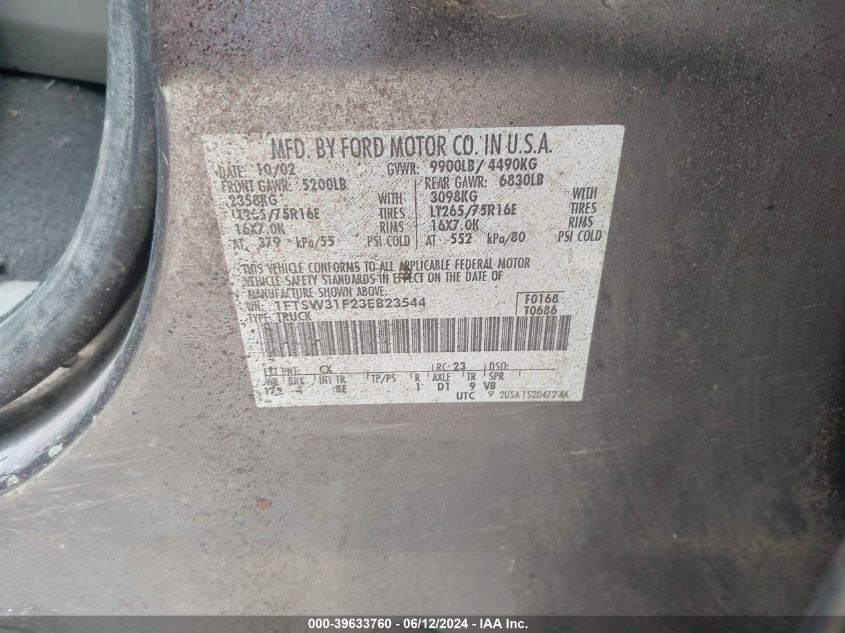 2003 Ford F-350 Lariat/Xl/Xlt VIN: 1FTSW31F23EB23544 Lot: 39633760