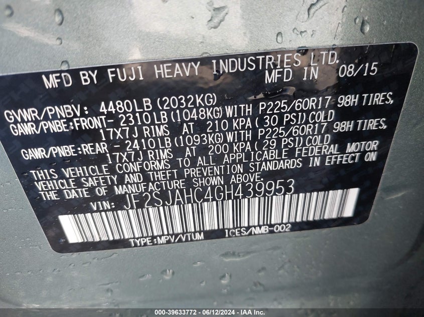 2016 Subaru Forester 2.5I Limited VIN: JF2SJAHC4GH439953 Lot: 39633772