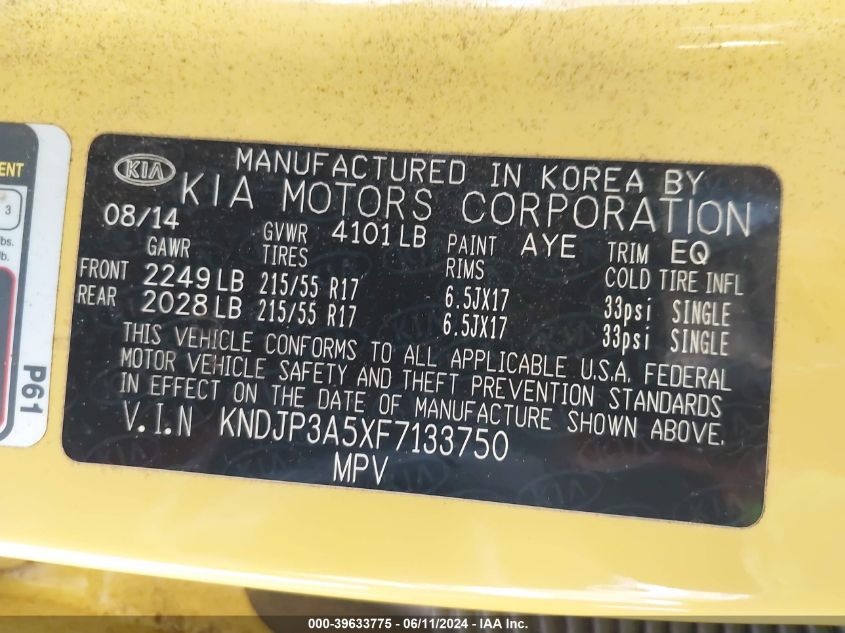 2015 Kia Soul + VIN: KNDJP3A5XF7133750 Lot: 39633775