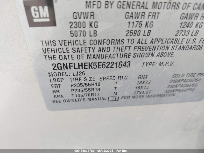 2014 Chevrolet Equinox Ltz VIN: 2GNFLHEK5E6221643 Lot: 39633789