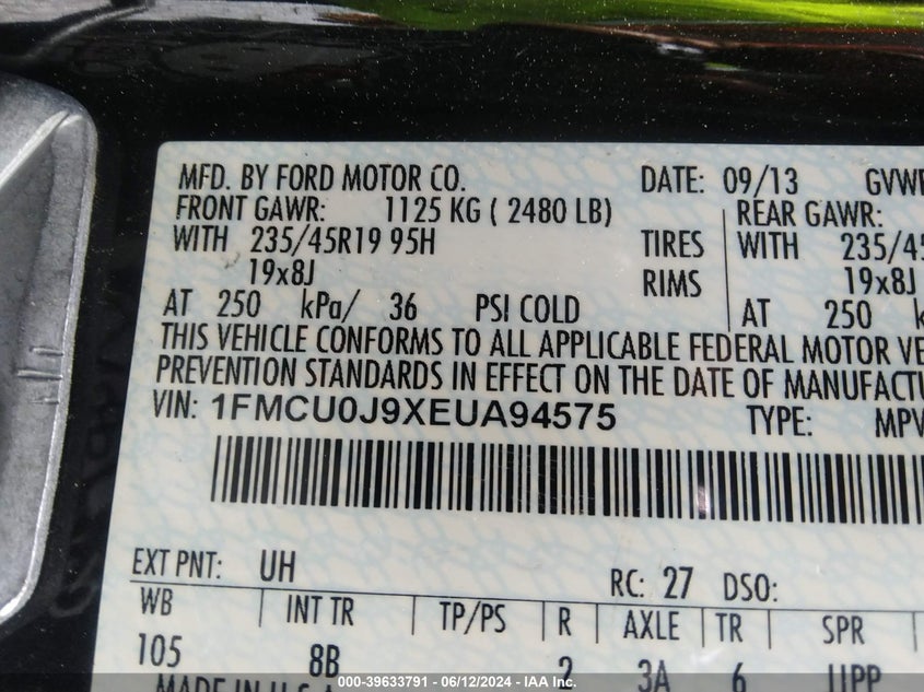 2014 Ford Escape Titanium VIN: 1FMCU0J9XEUA94575 Lot: 39633791