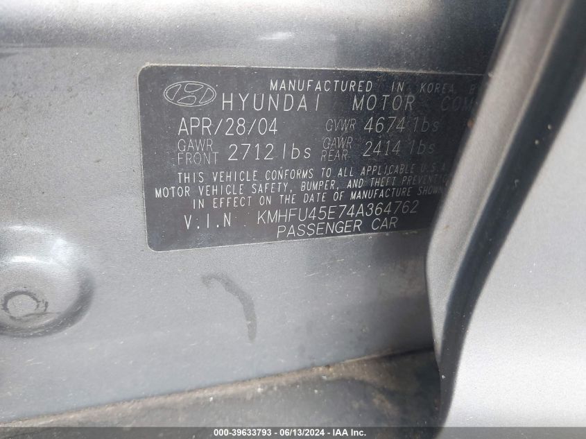 2004 Hyundai Xg350 L VIN: KMHFU45E74A364762 Lot: 39633793