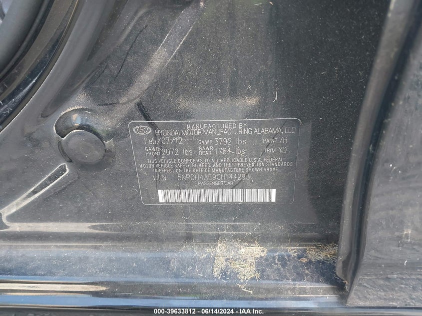 2012 Hyundai Elantra Limited VIN: 5NPDH4AE9CH144293 Lot: 39633812