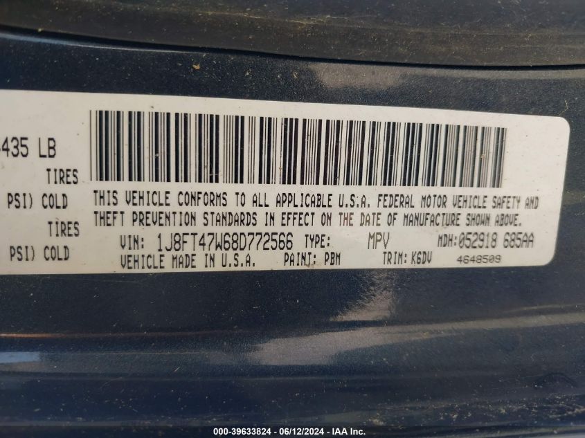 2008 Jeep Compass Sport VIN: 1J8FT47W68D772566 Lot: 39633824