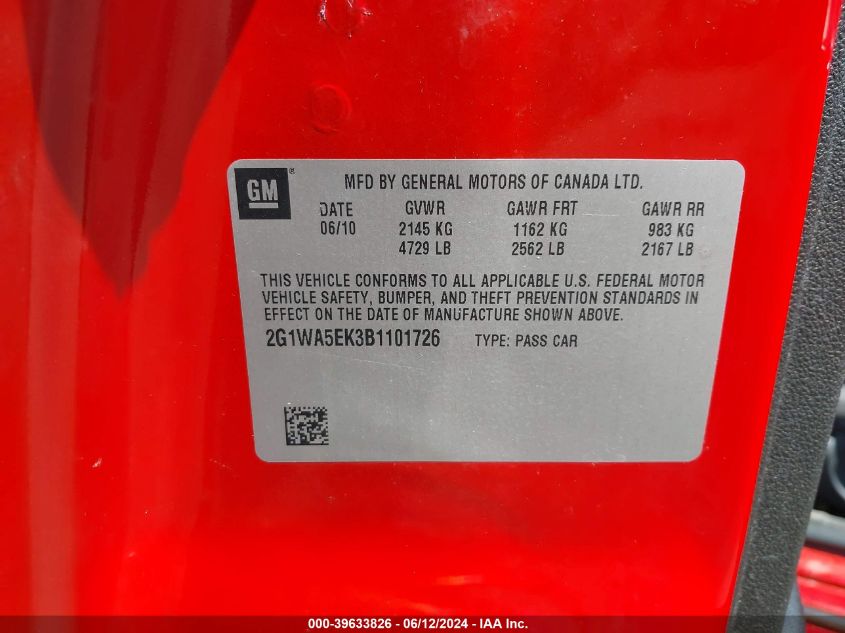 2011 Chevrolet Impala Ls VIN: 2G1WA5EK3B1101726 Lot: 39633826