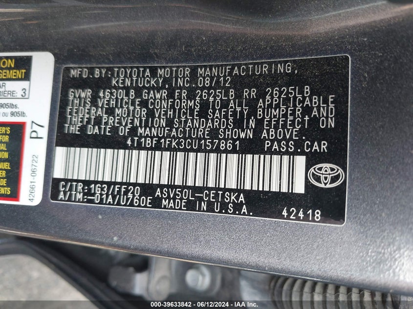 2012 Toyota Camry Se VIN: 4T1BF1FK3CU157861 Lot: 39633842