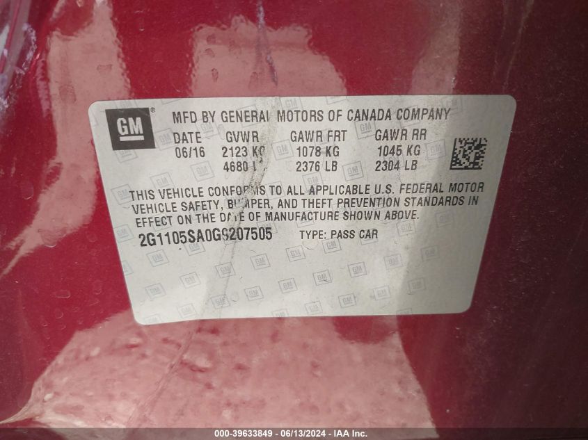2016 Chevrolet Impala 1Lt VIN: 2G1105SA0G9207505 Lot: 39633849