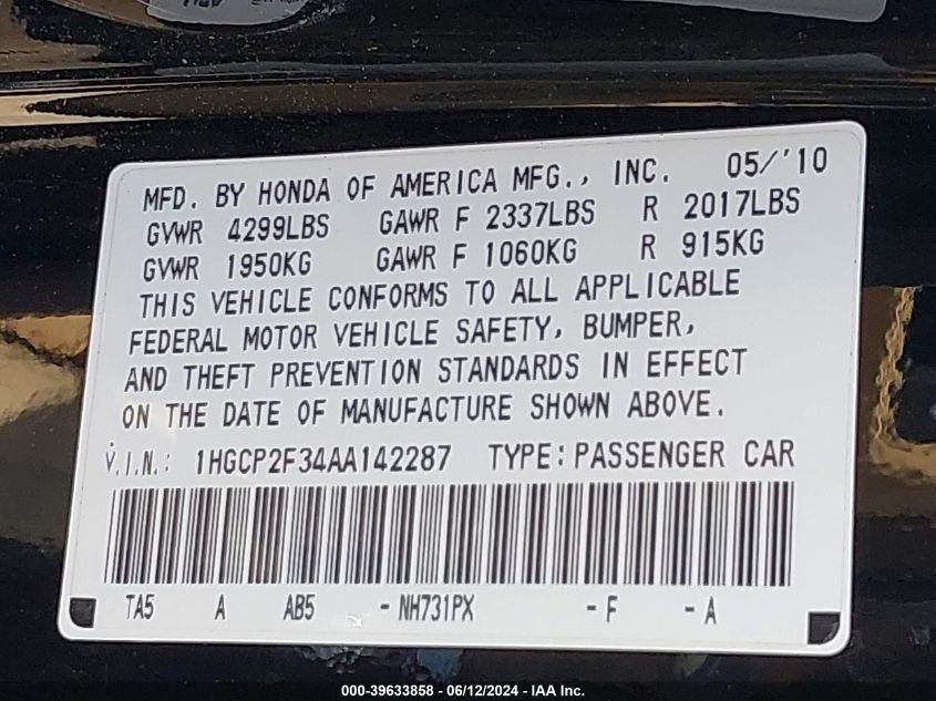 2010 Honda Accord 2.4 Lx VIN: 1HGCP2F34AA142287 Lot: 39633858
