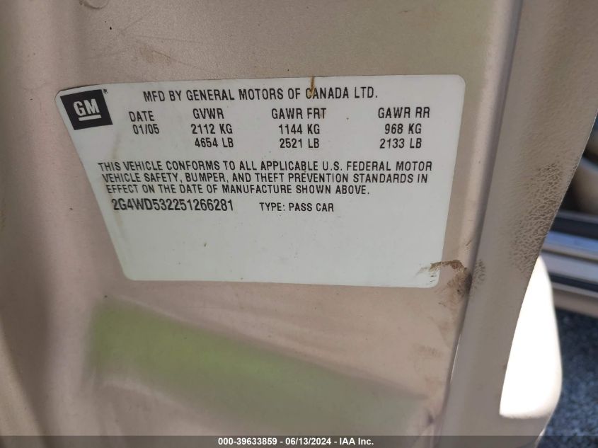 2005 Buick Lacrosse Cxl VIN: 2G4WD532251266281 Lot: 39633859