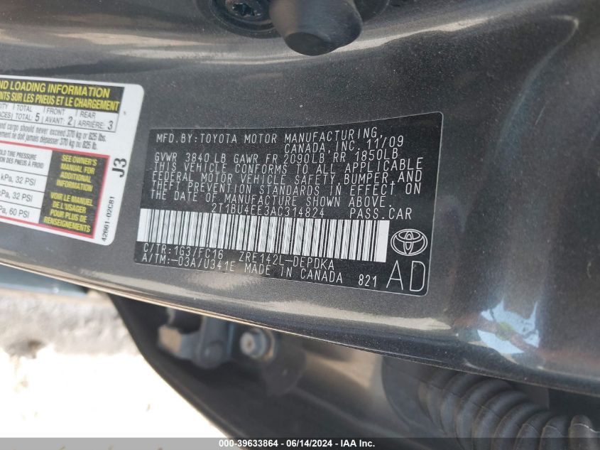 2010 Toyota Corolla Le VIN: 2T1BU4EE3AC314824 Lot: 39633864